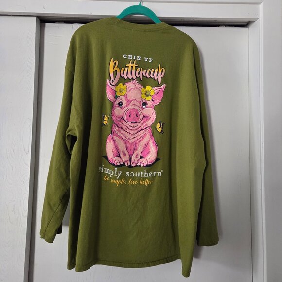 Simply Southern XXL Green Long Sleeve T-Shirt Chin Up Buttercup Pig 100% Cotton - Picture 1 of 6